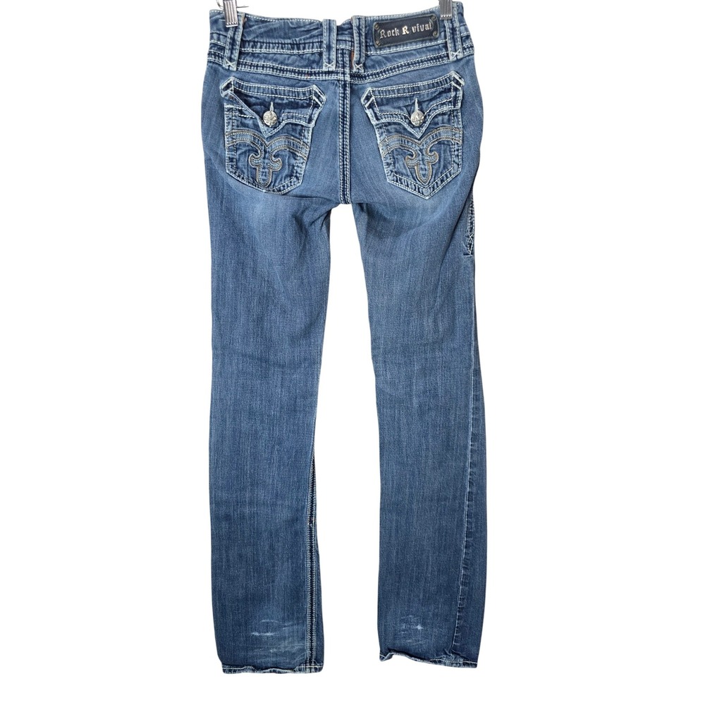 Rock Revival Debbie Bootcut Jeans 27 Blue Flap Pocket Distressed Y2K Flaws Read
